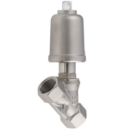 Picture of 4056763 Angle Seat Valve7010/040V101021-----S------2Nominal size(040): DN 40 - 1 1/2", Design(1): angle bodied,Connections(0): BSP thread, Body material(1): bronze, Seatingseal(0): PTFE, Control function(2): spring closes (closing againstflow), Actuator(1): 80mm actuator, metric thread, Actuatorsprings(-): standard spring configuration, Attachments(2): spraywater protection D80 and D