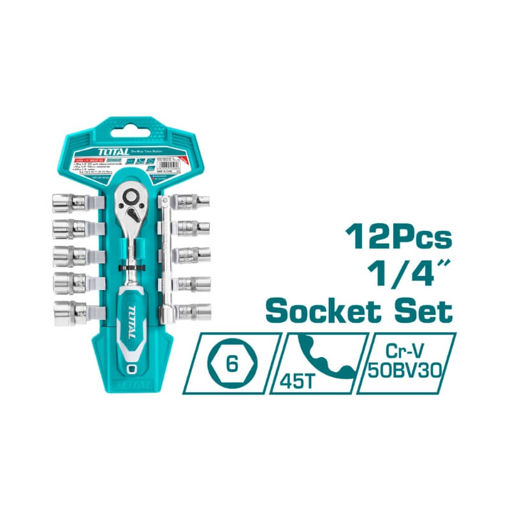 Picture of SOCKET SET CHROME-PLATED Q:12 INCLUDING 10 X 1/4" SOCKETS, 1 X 1/4" RATCHET HANDLE QUICK RELEASE (45T) AND 1 X 1/4" EXTENSION BAR 10