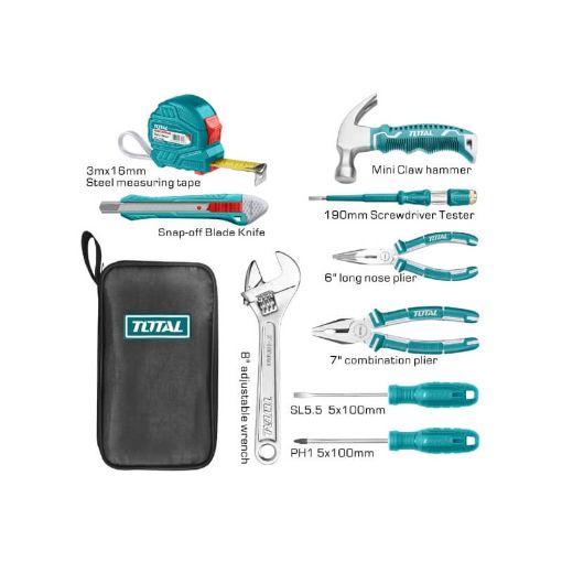 Picture of HAND TOOL SET Q:9 INCLUDING 1 X MINI CLAW HAMMER, 1 X 6" LONG NOSE PLIER, 1 X SNAP-OFF BLADE KNIFE, 1 X 8" ADJUSTABLE WRENCH,
1 X 7" COMBINATION PLIER, 1 X 190MM SCREWDRIVER TESTER, 1 X STEEL MEASURING TAPE 16MM X 3M,
1 X SL5.5 SLOTTED SCREWDRIVER 5MM X 100MM AND 1 X PH1 PHILLPS SCREWDRIVER 5MM X 100MM TOTAL TOOLS