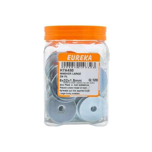 Picture of WASHER LARGE ZINC PLATED 6X32X1.5MM Q:120 EUREKA