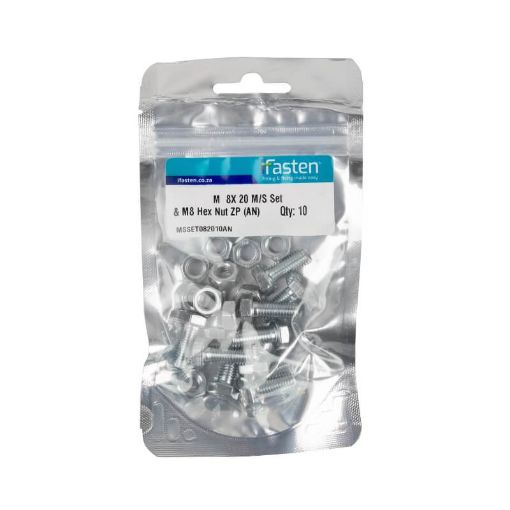 Picture of NUT 8MM & BOLT 20MM MILD STEEL ZINC PLATED Q:10 IFASTEN
