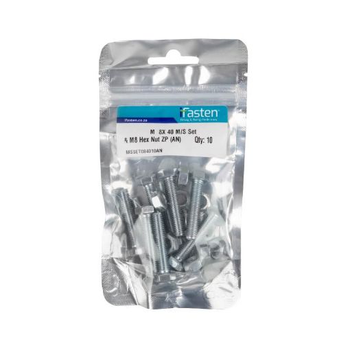 Picture of NUT 8MM & BOLT 40MM MILD STEEL ZINC PLATED Q:10 IFASTEN