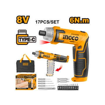 Picture of SCREWDRIVER CORDLESS 8V USB TYPE C CABLE 6NM WITH 10 BITS & HOLDER,
4 HIGH SPEED STEEL (HSS) DRILL BITS WITH HEX SHANK & 2 LONG BITS  INGCO