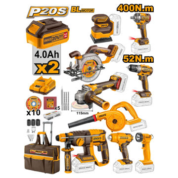 Picture of LITHIUM-ION 20V CORDLESS INDUSTRIAL 9 PIECE POWER TOOL COMBO KIT AND
ACCESSORIES PACKED IN A CANVAS BAG INGCO


