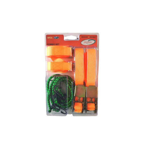 Picture of TIE DOWN RATCHET SET: 2 x S-HOOK RATCHET 25MMX5.0M, 2 X S-HOOK CAMBUCKLE TIE DOWN
25MMx2.5M, 4 X BUNGEE CORD (2 X 8MMx40CM, 2 X 8MMx60CM) Q: 8 JAVELIN