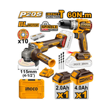 Picture of ANGLE GRINDER 115MM & DRILL 20V PS CORDLESS BRUSHLESS WITH 2 BATTERIES (2.0AH & 4.0AH) & CHARGER,
10 CUTTING DISCS & 47 PIECE ACCESSORIES IN PLASTIC CASE INGCO