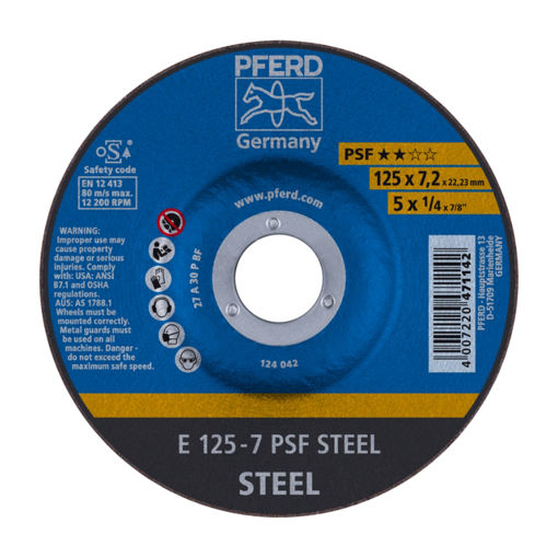 Picture of GRINDING DISC DIY GRADE (PSF) DEPRESSED CENTRE (E) STEEL 125 X 7.0MM
PFERD