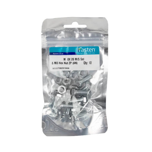Picture of NUT 8MM & BOLT 20MM MILD STEEL ZINC PLATED Q:10 IFASTEN