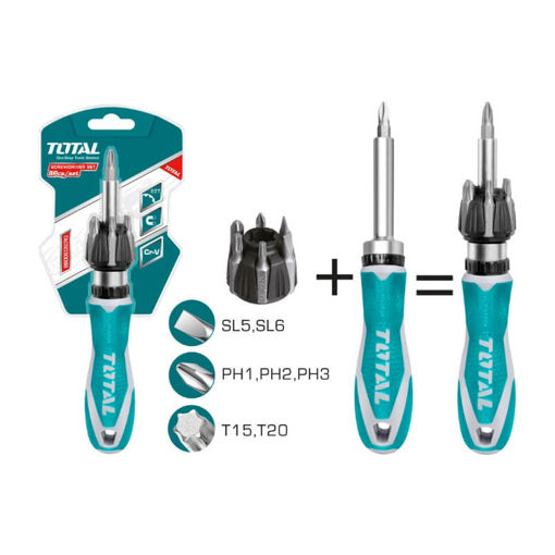 Picture of SCREWDRIVER RATCHET SET: 1 X RATCHET SCREWDRIVER HANDLE AND 7 X SCREWDRIVER BITS SL5, SL6, PH1, PH2, PH3, T15 Q:8 TOTAL TOOLS