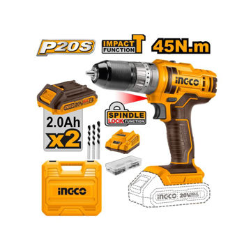 Picture of DRILL 20V PS CORDLESS IMPACT 45NM WITH 2 BATTERIES 2.0AH, CHARGER, 3 MASONRY DRILL BITS & 47 ACCESSORIES INGCO