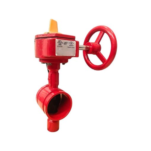 Picture of Butterfly Valve, UL listed, FM approved, PN16 DN100mm
Grooved End, Body material: Ductile iron,Disc-Ductile iron with EPDM
Encapsulated, Signal Gearbox Operated.

